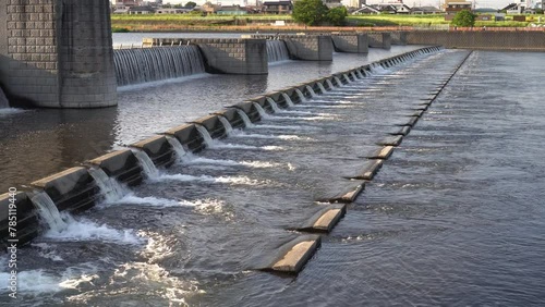 A small low dam in Noborito. It is built in Tama River of Tokyo and Kanagawa Prefecture. On some days, people are fishing in the area. Some also spend picnic on the banks. photo