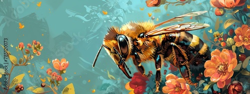Illustrate a pixel art version of a bee up close, accessorized with a charming floral wreath Bold colors, clean lines, and a touch of whimsy to create a unique and visually appealing piece photo