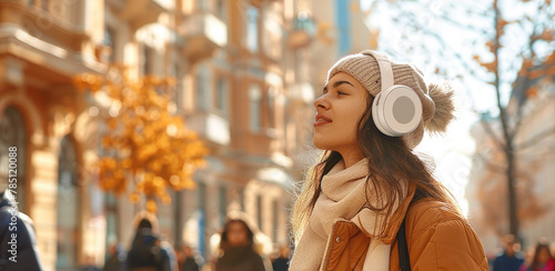 A girl wearing white wireless headphones outdoors. Generative AI.
