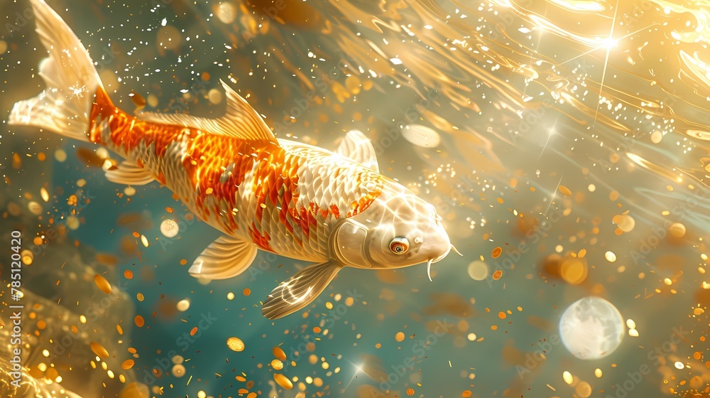 Golden glitter koi fish in pond illustration poster background Golden glitter koi fish in pond illustration poster background