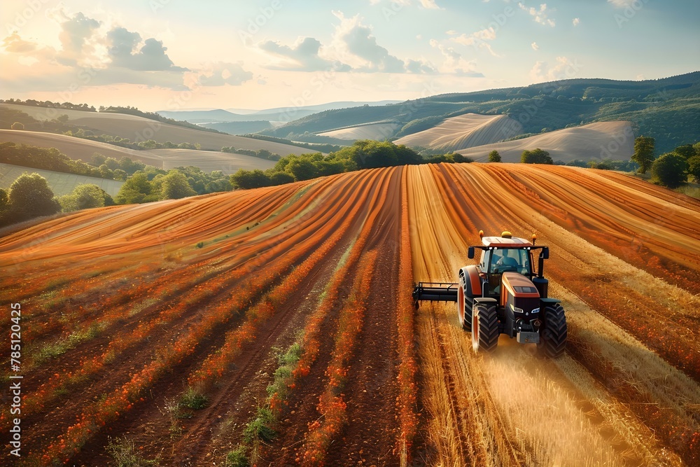 Modern Farming Elegance: Tractor at Work in Expansive Fields. Concept Agricultural Technology, Farming Innovation, Rural Landscapes, Modern Machinery, Sustainable Farming Modern Farming Elegance: Tractor at Work in Expansive Fields. Concept Agricultural Technology, Farming Innovation, Rural Landscapes, Modern Machinery, Sustainable Farming