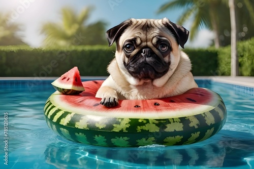 funny pug relaxing on a watermelon floating in a pool, with tropical palm backdrop, sunny summer relaxation. generative ai