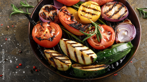 Grilled vegetables on a tray with fresh herbs.