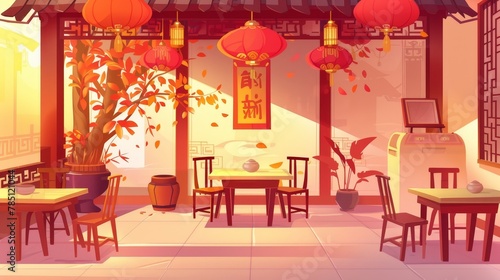 Cartoon web banner for a Chinese restaurant featuring an empty cafe interior in traditional asian style with red and gold decor  wooden tables  chairs  online invitation  ad  modern illustration