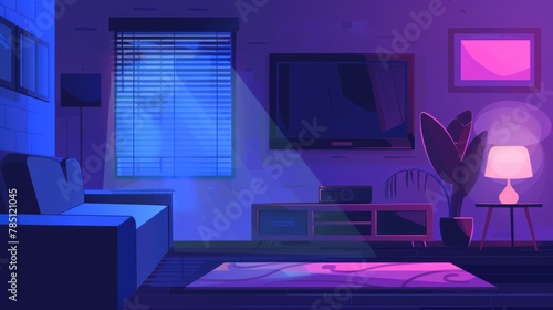 Cartoon web banner with movie night cartoon character, dark living room interior, TV on wall, home entertainment, cinema amusement. photo