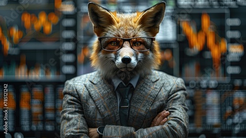 A businessman with a fox head in a business suit and tie, wearing glasses on a blurred background. Wolf character © masyastadnikova
