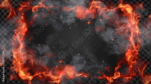 The 3D modern illustration illustrates realistic smoke with fire glow or sparks border, glowing red shining flare with black steam, isolated on transparent background. © Mark