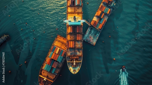 Aerial view of a cargo ship loading and unloading at a port with containers, global business logistics. A bird's eye view of a docked boat in an open sea port. Generative AI.