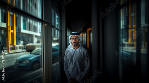 A Confident Arab Businessman Wearing UAE Emirati Traditional Dress, White kandura, standing in a daylight next to a window, Arabian man in the Emirates, generative ai.