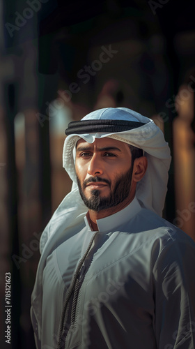 A Confident Arab Businessman Wearing UAE Emirati Traditional Dress, White kandura, standing in a daylight, palm trees, Arabian man in the Emirates, generative ai.