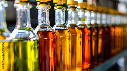 A row of bottles filled with different colored oils. photo