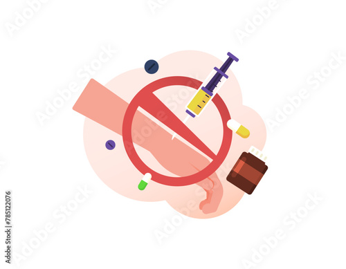 illustration of a hand about to inject medicine with a syringe, prohibition sign. world anti-drug day concept. stop using drugs. prohibition on using illegal drugs. illustration concept design. graphi