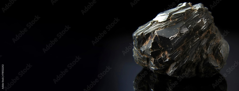 Jamesonite is rare precious natural stone on black background. AI generated. Header banner mockup with space.