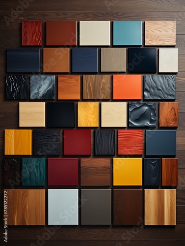 Assortment of parquet or laminate floor samples in natural colors. Wood laminate floor square samples, vinyl tile. Oak wooden background, Selecting exterior colors, Samples, Generative AI.