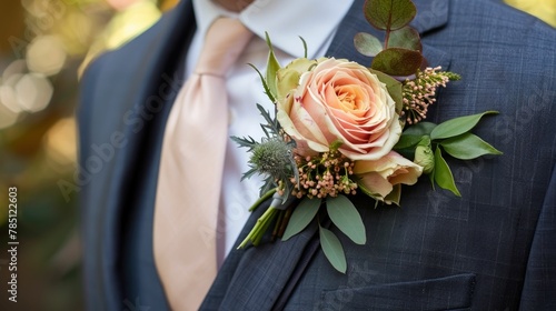 Handcrafted Groom s Boutonniere Adorned with a Delicate Garden Rose Complementing the Bride s Floral Bouquet photo