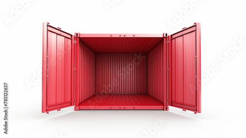 Open, empty, red shipping container side view isolated on a white background in a 3D rendering. Transportation and delivery.