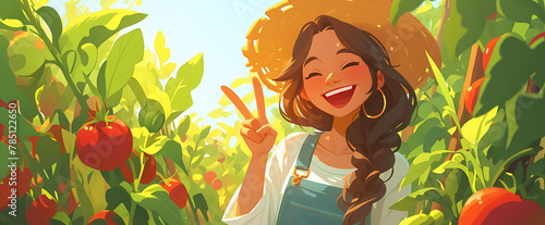 Illustration of a happy farmer with organic leeks in the field. Cheerful woman in straw hat showing peace sign with lush crops background. Sustainable agriculture and joyful farming concept.