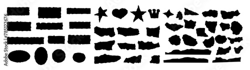 Vector black jagged paper abstract basic shapes set isolated on white. Rough torn edge frames collection sticker piece, shred strip, grunge border, text box shapes