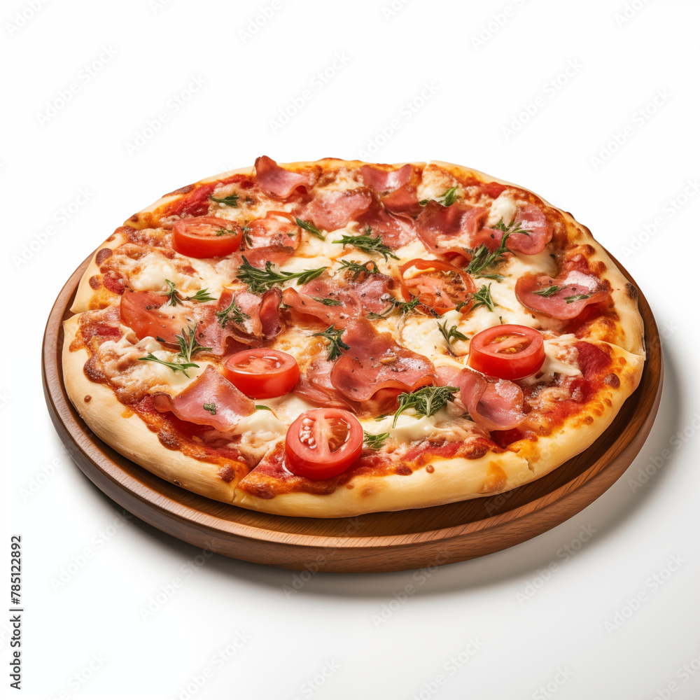 Italian Pizza with ham and tomatoes on fluffy dough on a white background.

