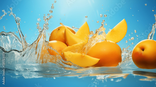 Morceaux de fruits  mangues sur un fond bleu avec   claboussure d eau. Fruit  sain  d  licieux  sucr  . Jus de fruit  dessert. Pour conception et cr  ation graphique.