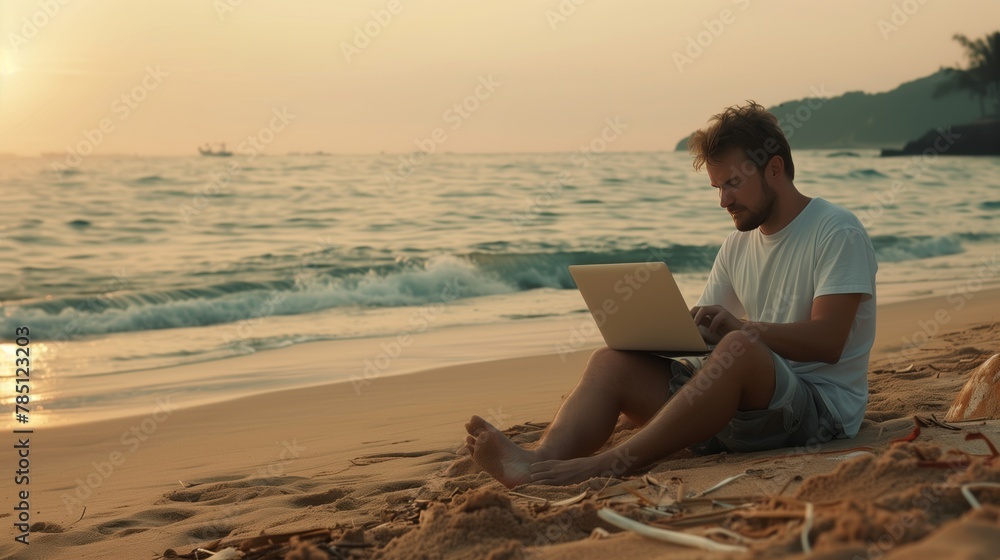 Man working with laptop on the beach