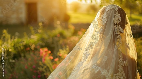 Billowing Bridal Veil Adorned with Intricate Lace Flowing in Warm Sunlight photo