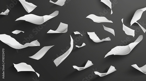 A collection of paper sheets that fall realistically. a group of paper leaves in a curved flight. Notes in a loose, curled-edge vector. Fly strewn notes, empty tangled documents