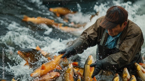 Freshwater Fisherman Harvesting Fish from River for Local Food and Economic Needs photo