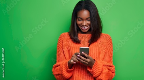 Woman Smiling at Smartphone Screen photo