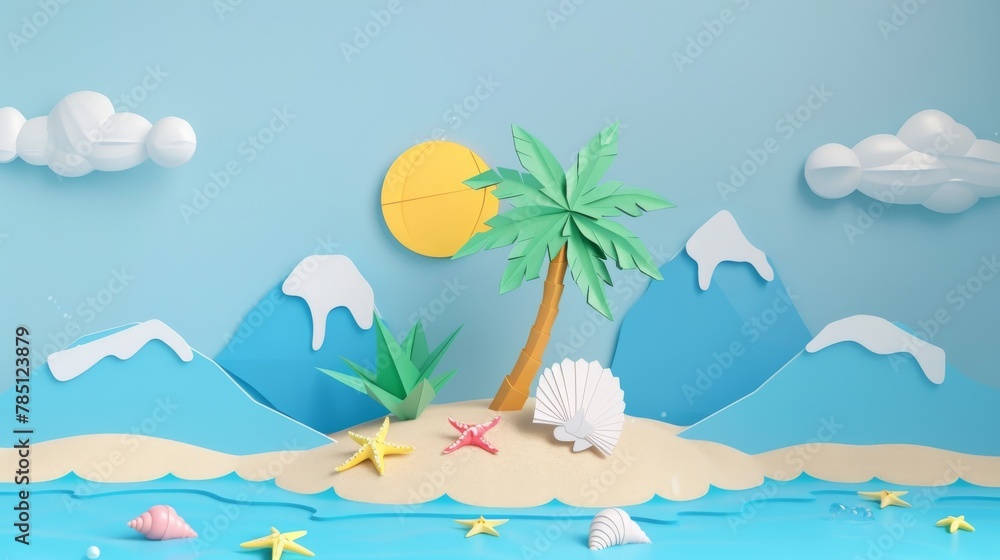Illustration of a small island with a palm tree, seashell, starfish and beach ball on sand. A papercut-style sun and mountains are in the background.