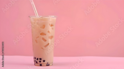 Plastic clear glass with delicious milk tea with tapioca balls. Milk bobba cold tea, summer drink on flat pink background with copy space, banner template.