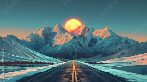 Digital technology road ahead and snow mountains scene poster web page PPT background