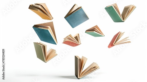 Several books in flight, isolated against a white background