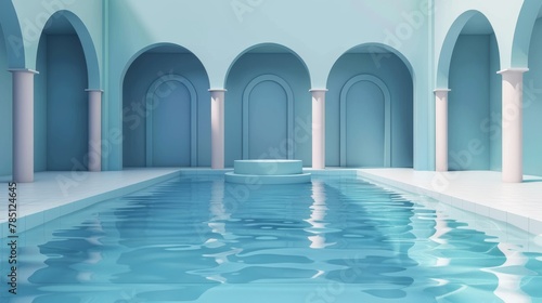 Floating podium on the water of a swimming pool with arches on the walls as a backdrop.