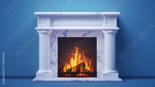An illustrated fireplace with burning logs, a white marble or gypsum chimney, classic fireplace with flames, stylish home interior design, vintage house design, cozy heating system, realistic 3D