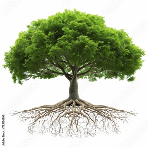 Lush tree with visible roots against white background symbolizing growth and connectivity.