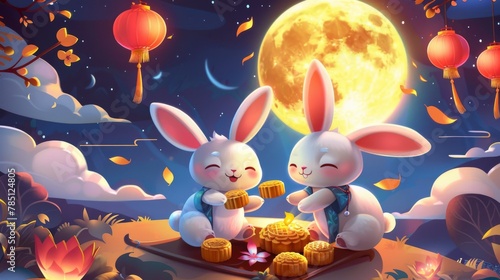 A Chinese banner illustrating a mooncake picnic with jade rabbits and moonlight. Mid Autumn Festival written in Chinese.