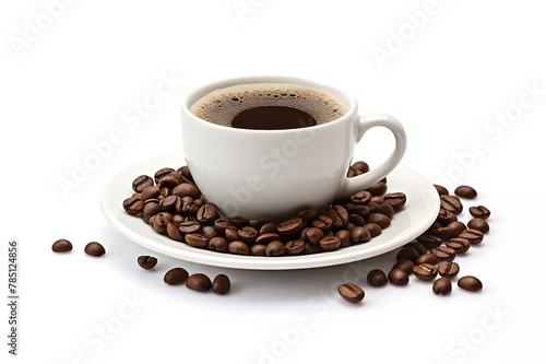 Coffee cup and coffee beans on a wooden table.