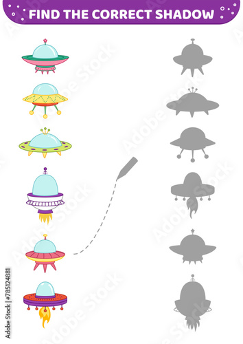 Find the correct shadow. Flying saucers. Shadow matching game. Cartoon, vector