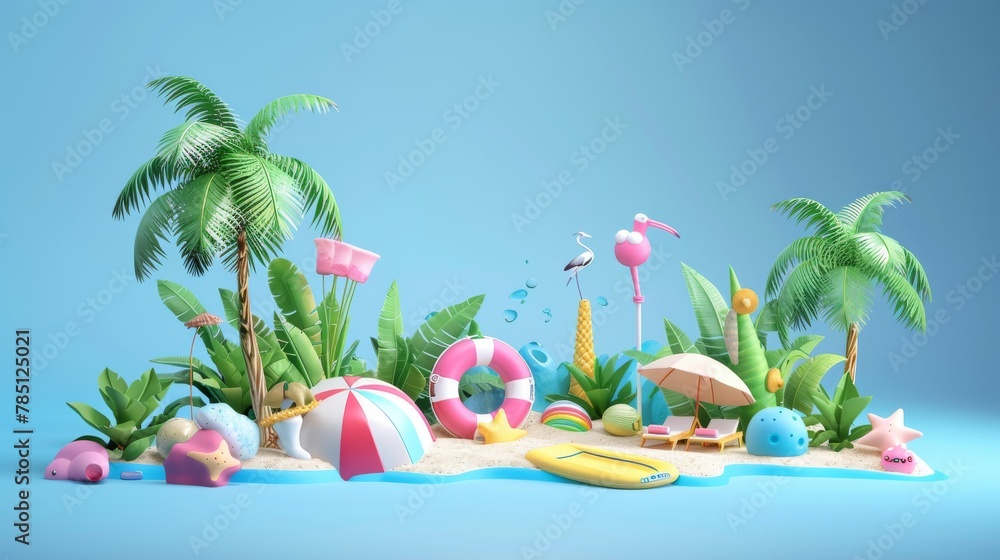 Blue background with 3D beach objects. Illustrations of tropical plants, exercise equipment and weather elements.