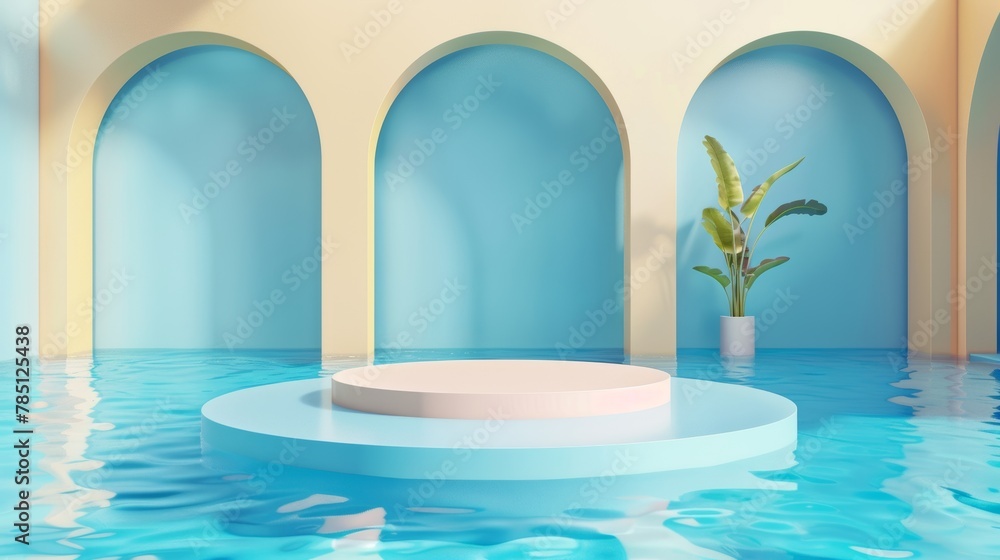 Swimming pool backdrop in 3D. Display podium floating in the pool with arches on the walls.