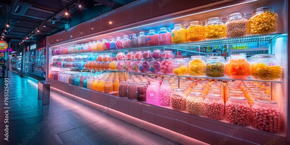 Fototapeta premium Neon-lit convenience store stocked entirely with holographic junk food packaging 