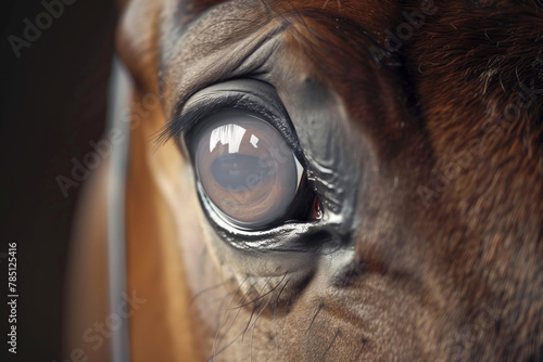 Macro photography of a horse's eye, showcasing the detailed eyelashes and reflective gaze of the animal.