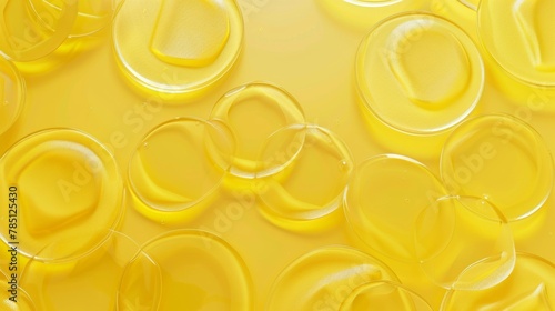 Display of cosmetic products on top of a minimalist yellow backdrop. Illustration of glass disks in top view. photo