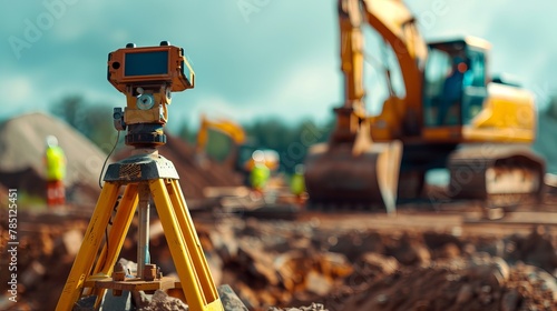 Heavy industry and security concept on blurred natural background. Civil engineer with theodolite crossing equipment at construction site outdoors. Big excavator in the background photo