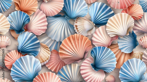 Modern cartoon texture set with blue  pink and brown scallops and tropical bivalve mollusks. Seashell seamless pattern with abstract beach background.