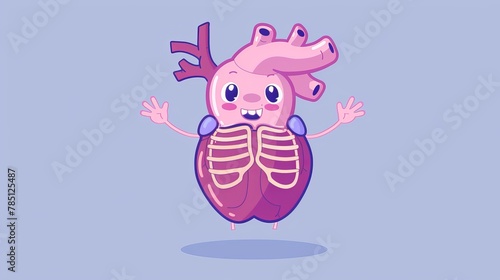 A cartoon character with a heart. Cute kawaii face and hands waving inside the rib cage. Modern illustration of healthy body and anatomy for kids.