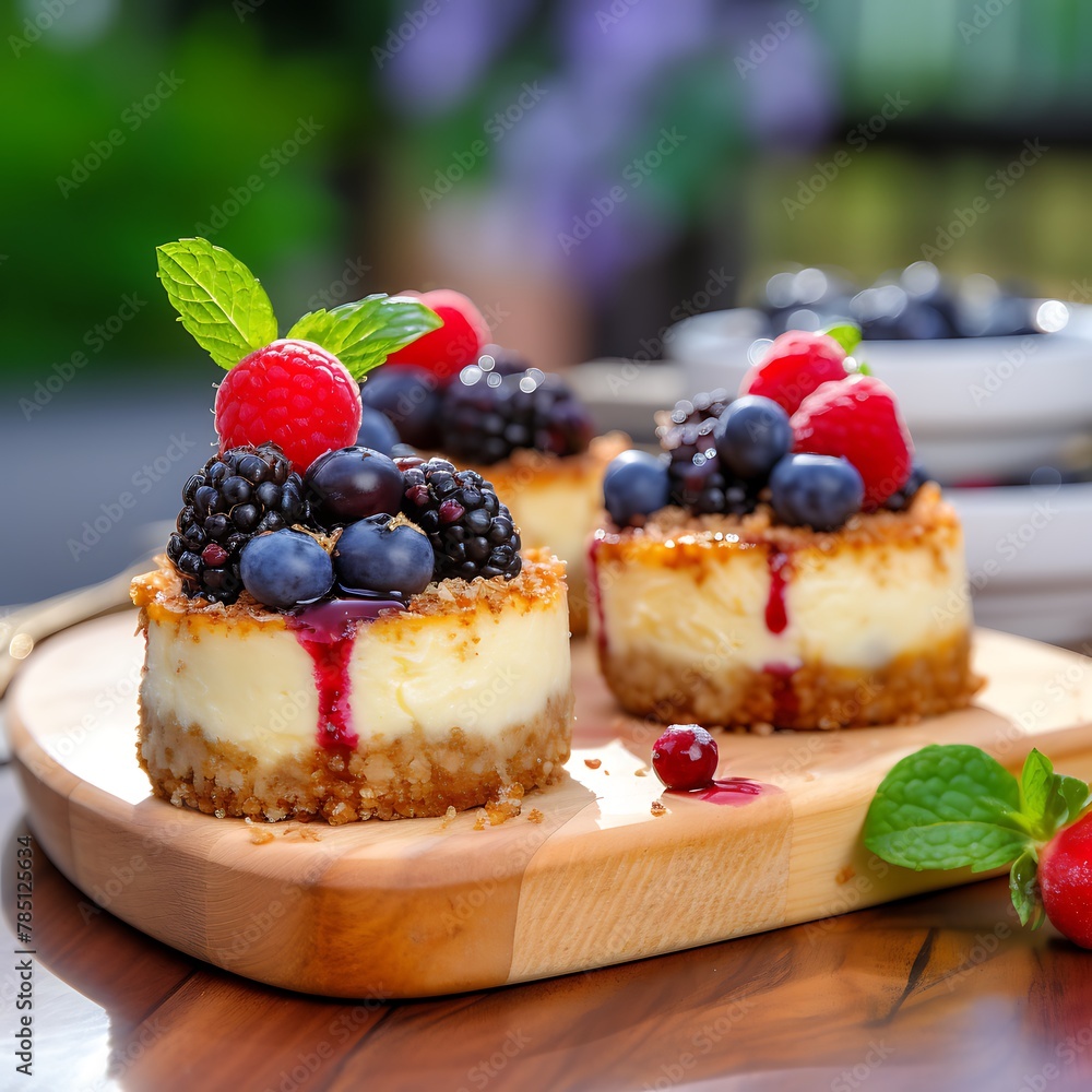 Delicious cheesecake with fresh berries on wooden board Delicious cheesecake with fresh berries on wooden board