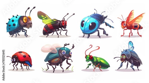 Insects characters mole, dragonfly, bedbug, butterfly, ladybug, ant, colorado, rhinoceros beetle, isolated modern set. Funny wild creatures with smiling faces, mascot, kids design elements.