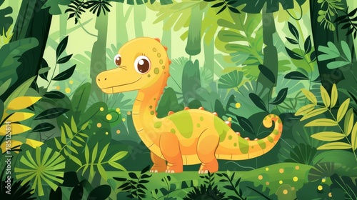 Animated modern illustration of a cute diplodocus in a jungle with green plants. Baby dinosaur in a prehistoric forest. Modern illustration of a tropical wood  rainforest landscape with a funny